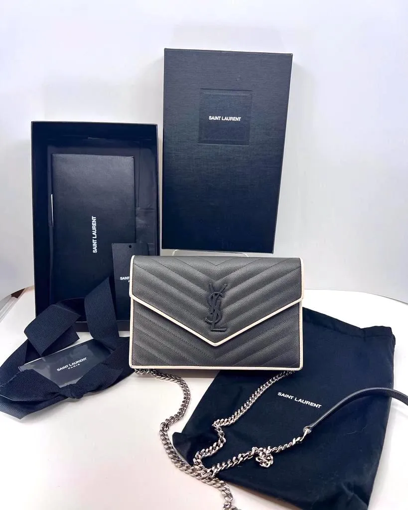 YSL GRAIN DE POUDRE MATELASSE CHEVRON MONOGRAM WALLET ON A CHAIN