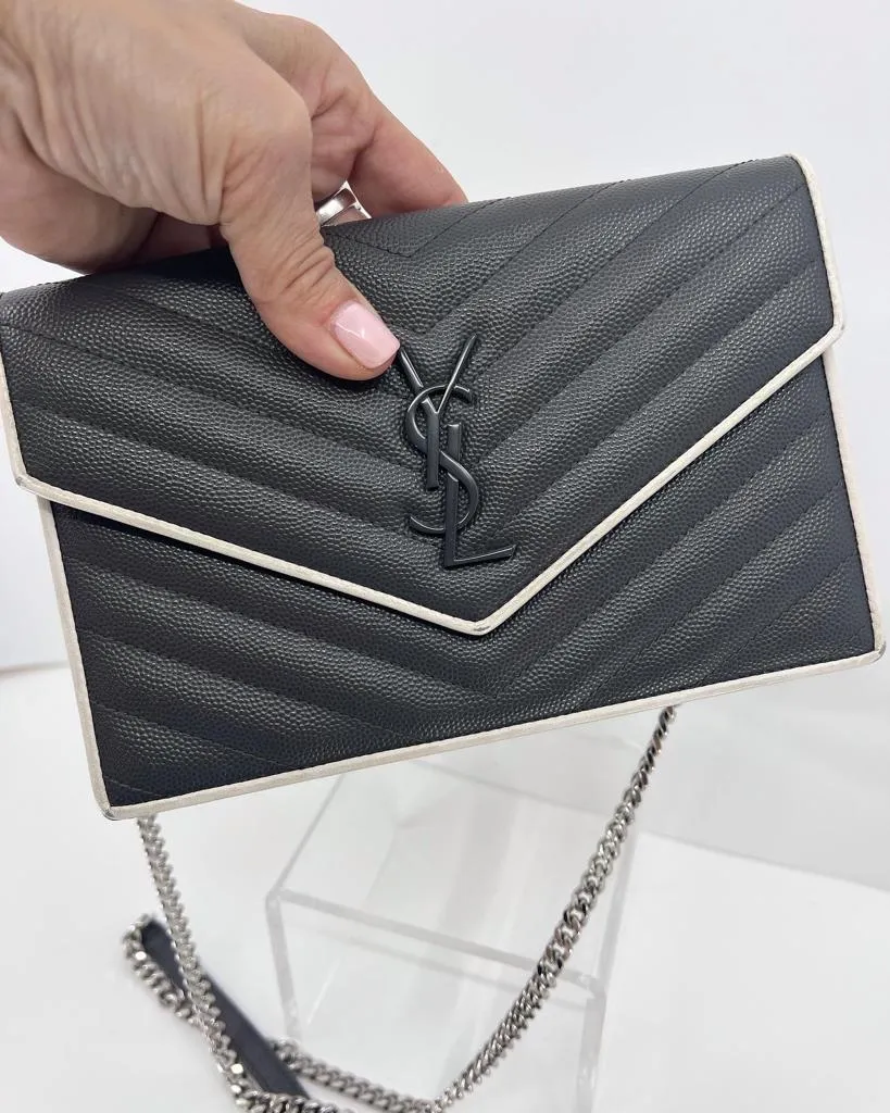 YSL GRAIN DE POUDRE MATELASSE CHEVRON MONOGRAM WALLET ON A CHAIN