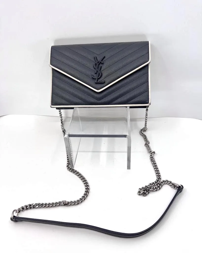 YSL GRAIN DE POUDRE MATELASSE CHEVRON MONOGRAM WALLET ON A CHAIN