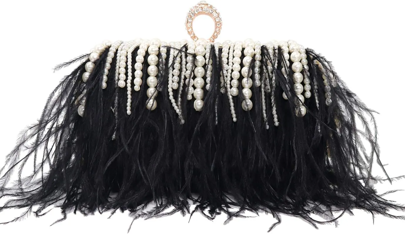 ZAKIA Women's Real Natural Ostrich Feather Tote Evening Dress Bag Shoulder Bag Party Money Bag Wallet Clutch