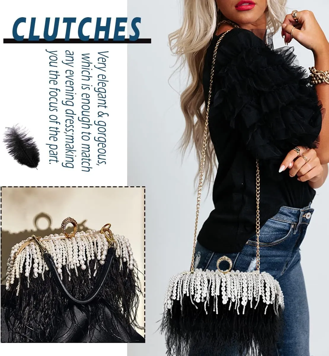ZAKIA Women's Real Natural Ostrich Feather Tote Evening Dress Bag Shoulder Bag Party Money Bag Wallet Clutch