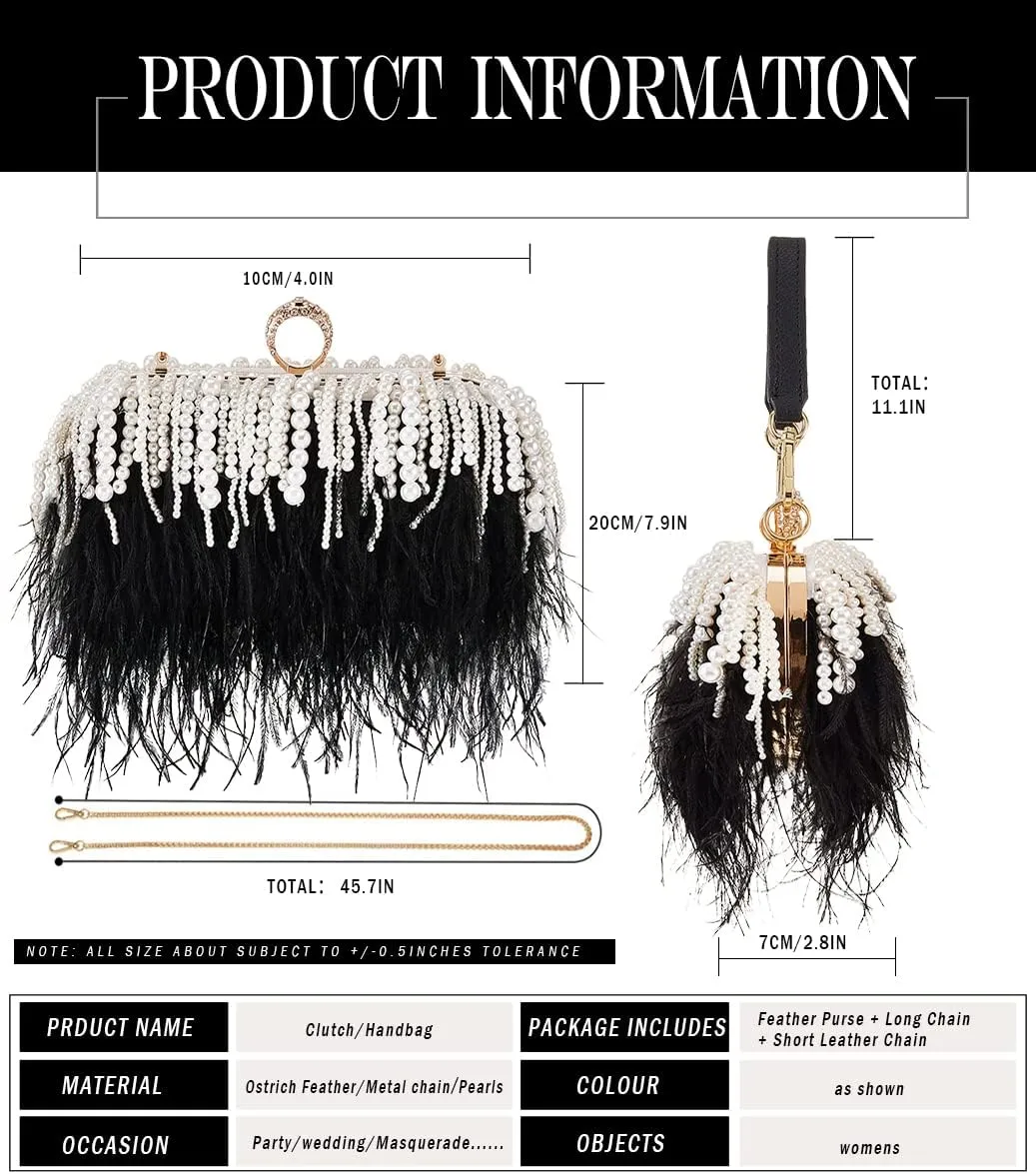 ZAKIA Women's Real Natural Ostrich Feather Tote Evening Dress Bag Shoulder Bag Party Money Bag Wallet Clutch