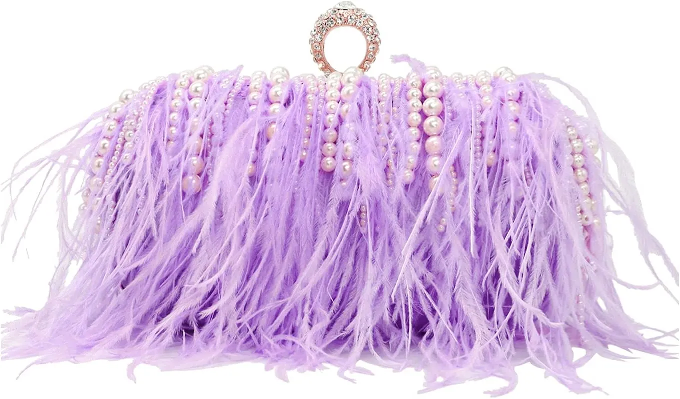 ZAKIA Women's Real Natural Ostrich Feather Tote Evening Dress Bag Shoulder Bag Party Money Bag Wallet Clutch