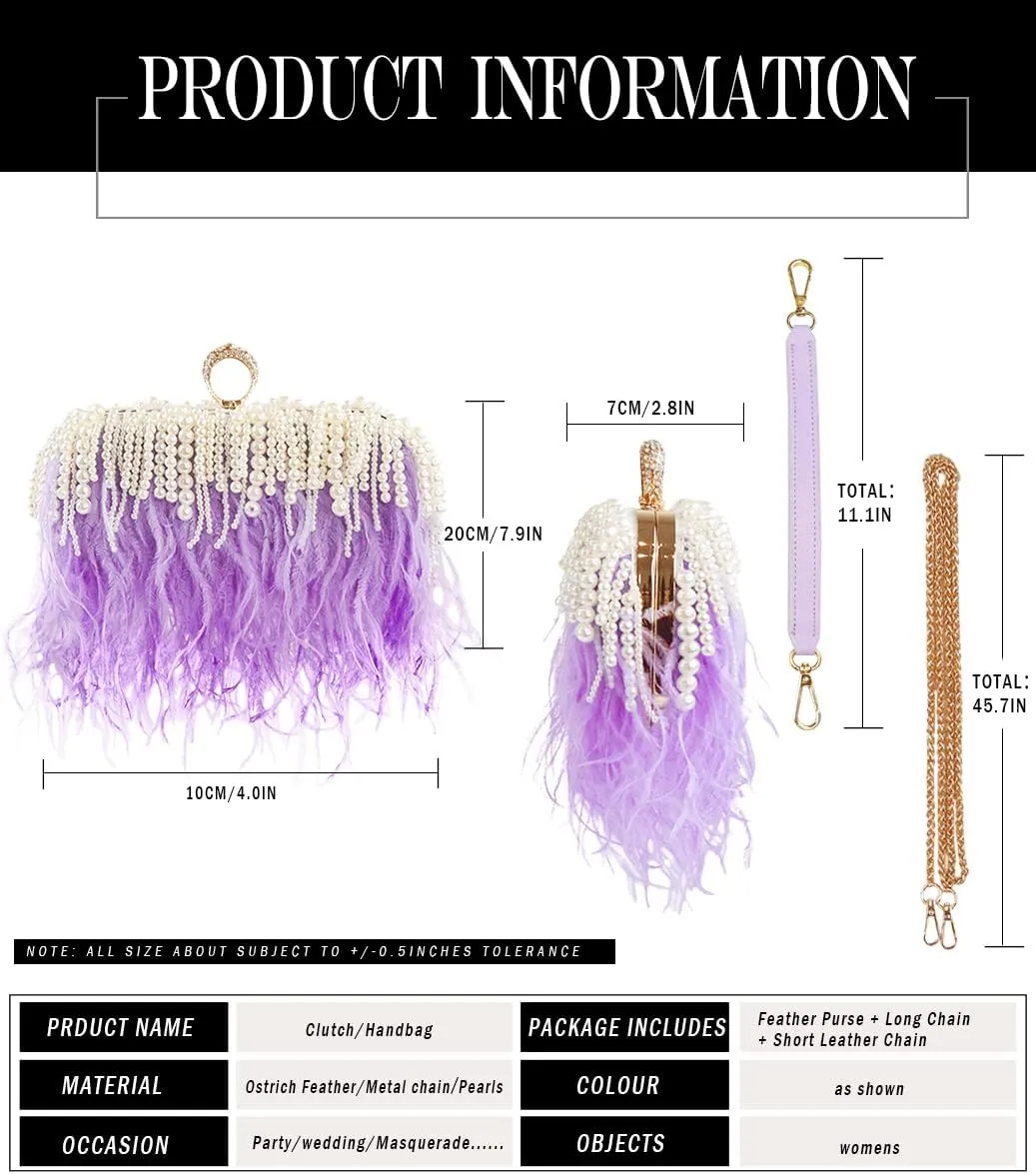 ZAKIA Women's Real Natural Ostrich Feather Tote Evening Dress Bag Shoulder Bag Party Money Bag Wallet Clutch