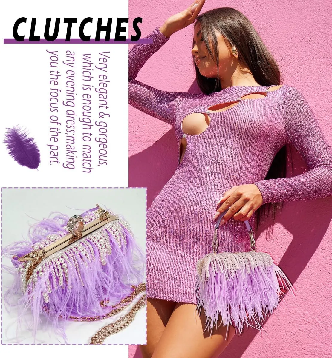 ZAKIA Women's Real Natural Ostrich Feather Tote Evening Dress Bag Shoulder Bag Party Money Bag Wallet Clutch
