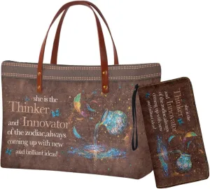 Zodiac Print Purse and Wallet Set for Women Lady, Large Tote Bag Top Handle Purse with Leather Wallet for Travel Date