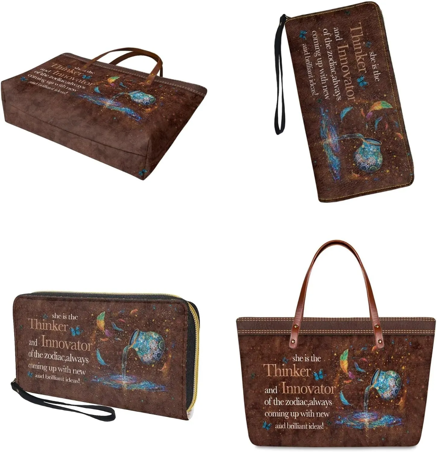 Zodiac Print Purse and Wallet Set for Women Lady, Large Tote Bag Top Handle Purse with Leather Wallet for Travel Date