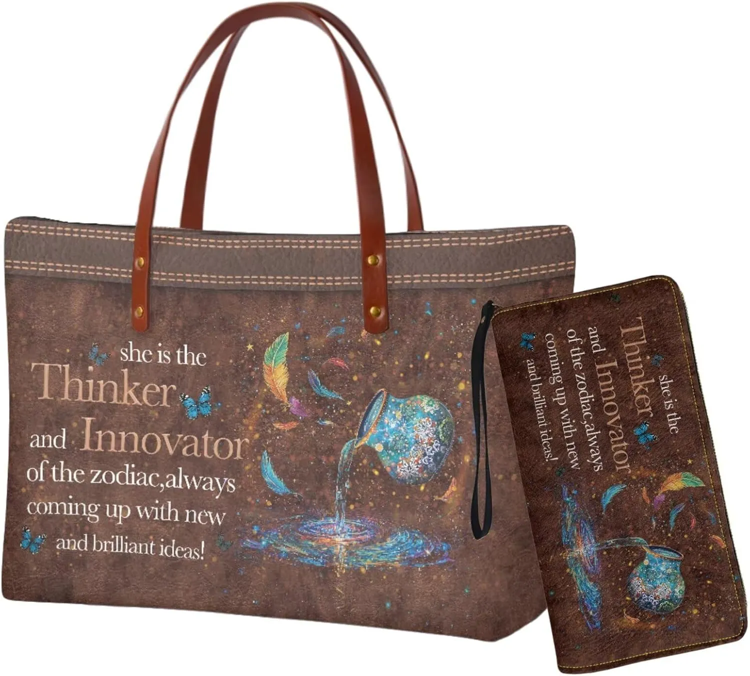 Zodiac Print Purse and Wallet Set for Women Lady, Large Tote Bag Top Handle Purse with Leather Wallet for Travel Date