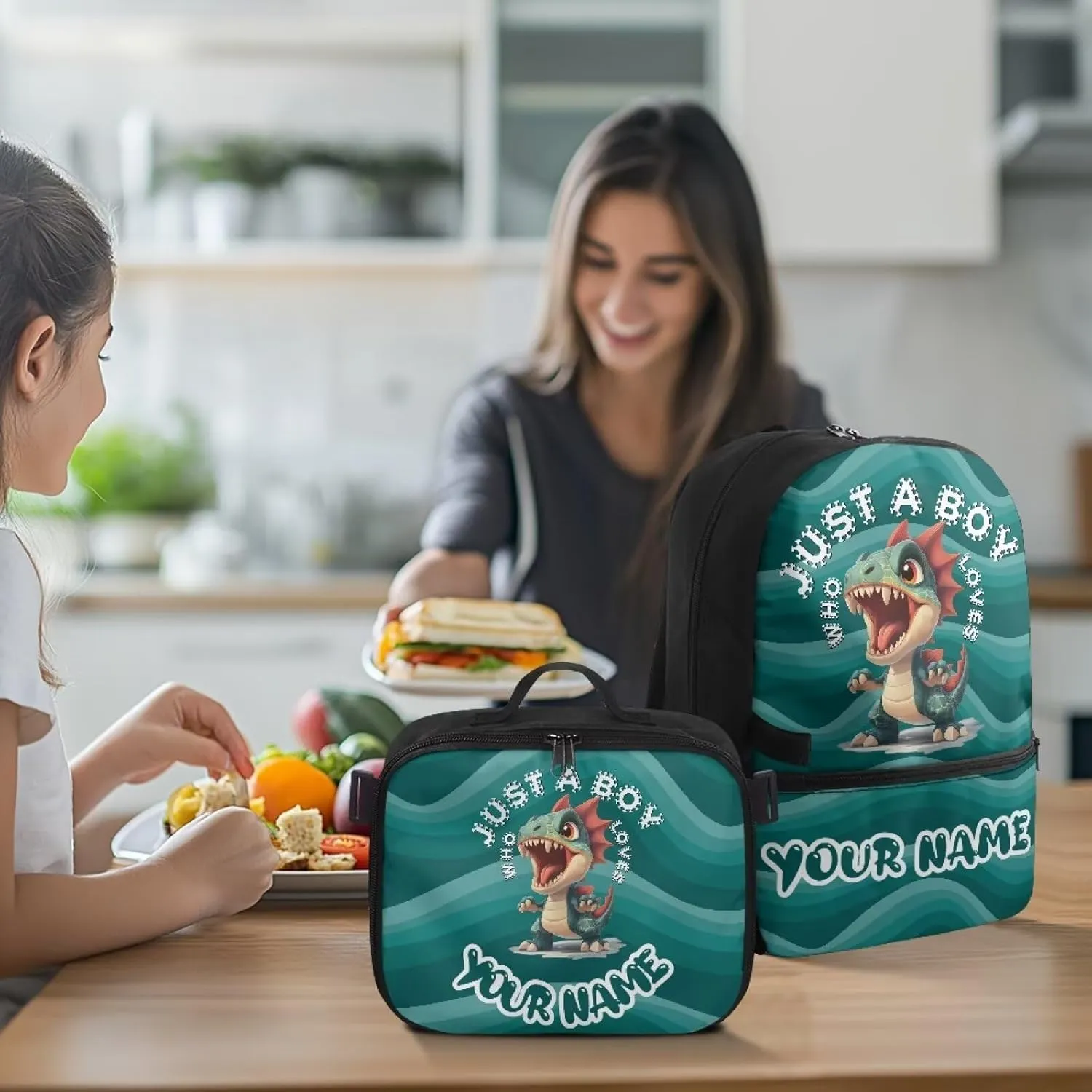 ZOUTAIRONG Kids Backpacks for Boys, Cartoon Dinosaur Just A Boys Print Personalized Large Capacity School Bag and Removable Dining Bag