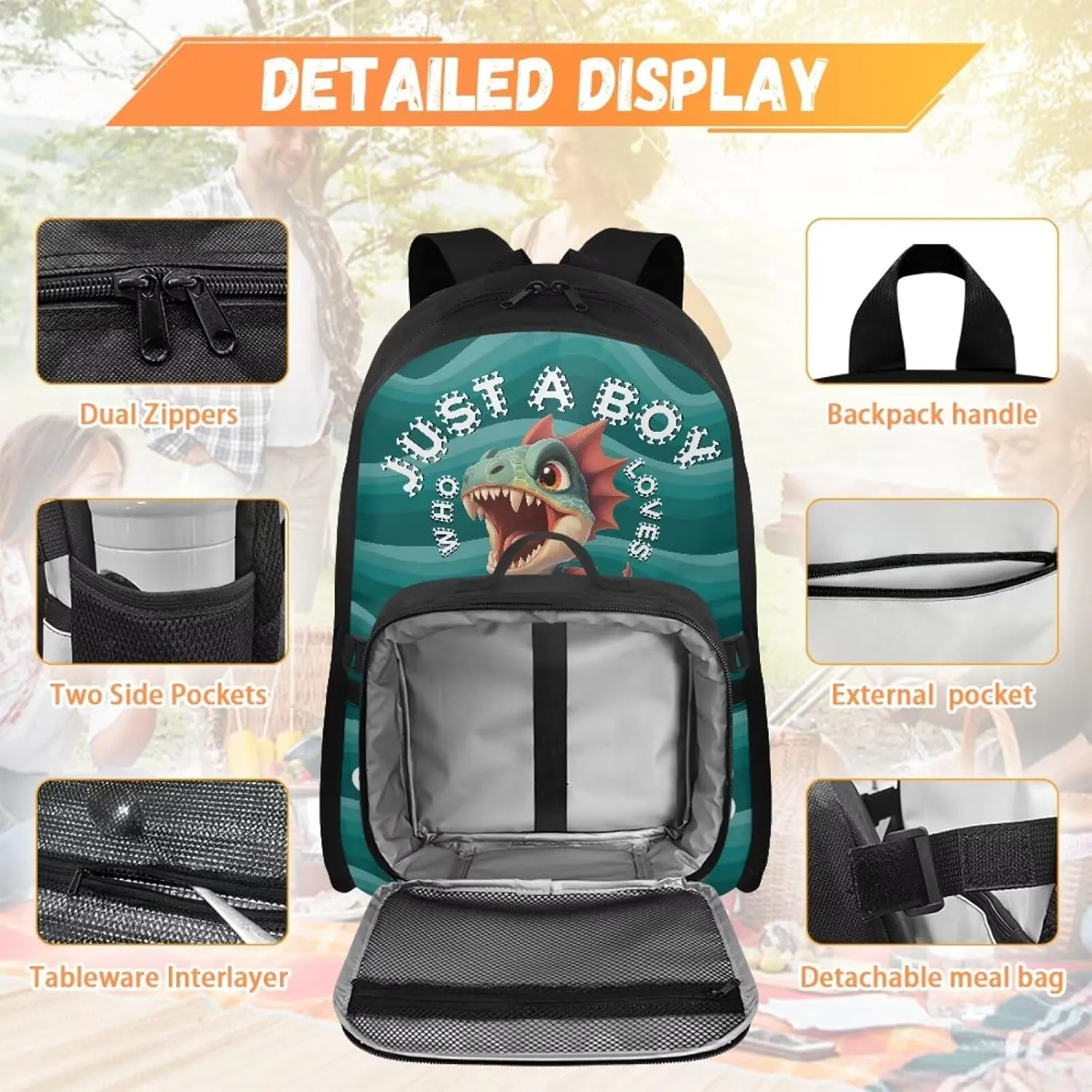 ZOUTAIRONG Kids Backpacks for Boys, Cartoon Dinosaur Just A Boys Print Personalized Large Capacity School Bag and Removable Dining Bag