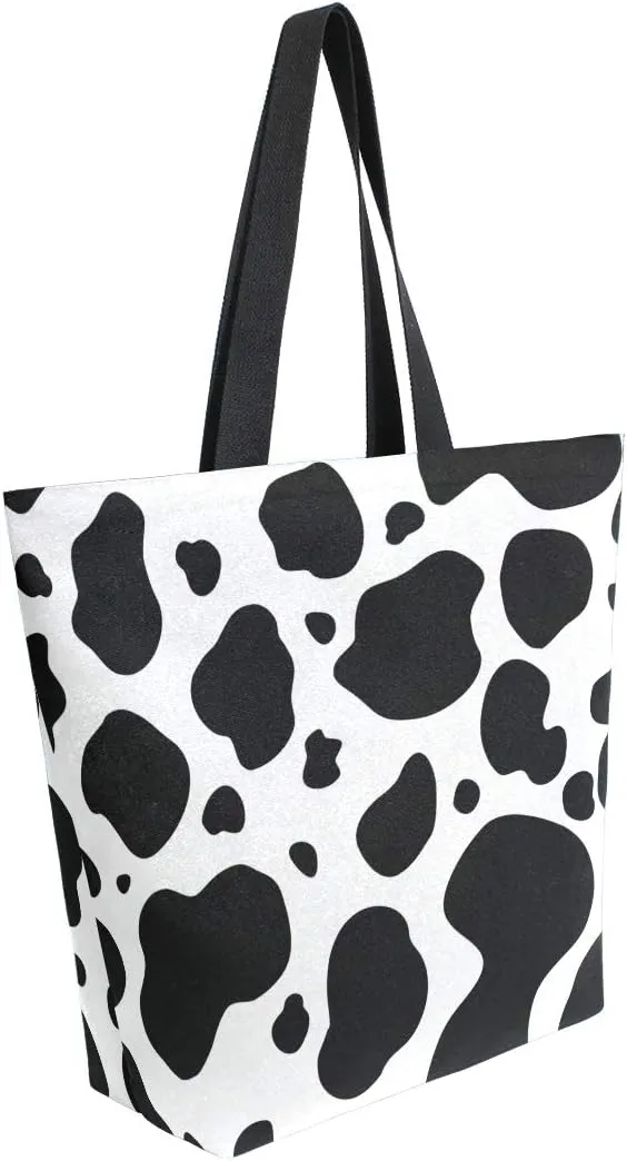 ZZXXB Cow Print Reusable Grocery Shopping Bag Heavy Duty Canvas Tote Bag Large Collapsible Washable Handbag Shoulder for Women