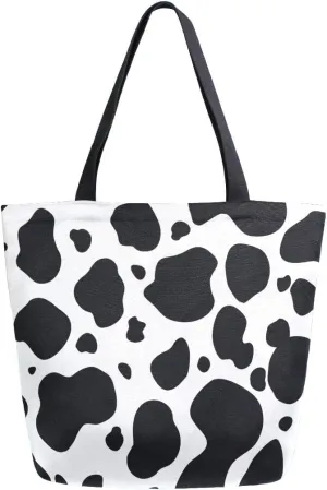 ZZXXB Cow Print Reusable Grocery Shopping Bag Heavy Duty Canvas Tote Bag Large Collapsible Washable Handbag Shoulder for Women