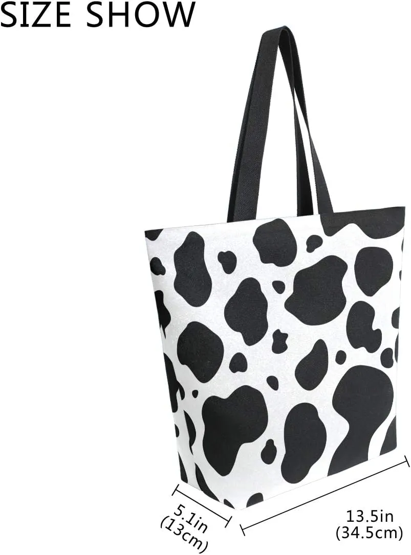 ZZXXB Cow Print Reusable Grocery Shopping Bag Heavy Duty Canvas Tote Bag Large Collapsible Washable Handbag Shoulder for Women