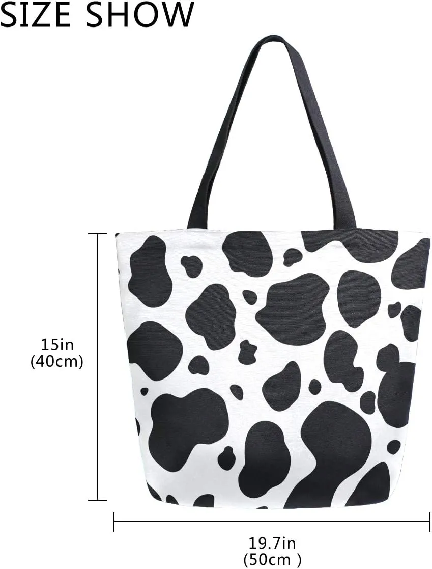 ZZXXB Cow Print Reusable Grocery Shopping Bag Heavy Duty Canvas Tote Bag Large Collapsible Washable Handbag Shoulder for Women
